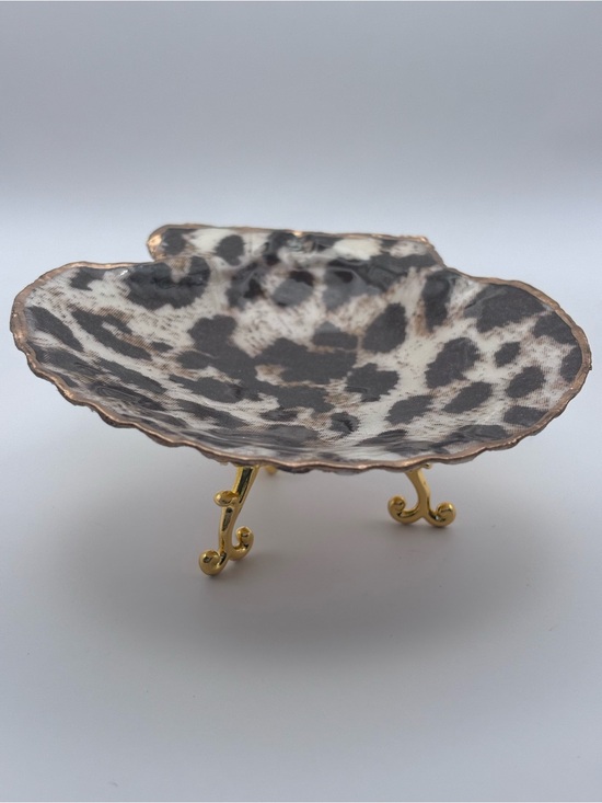 Other - Decorative Leopard Print Scallop Shell Ceramic Dish with Gold Stand